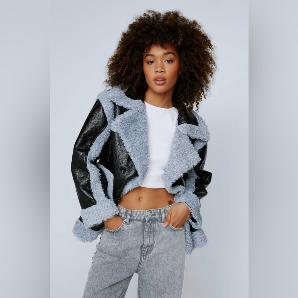 Nasty Gal Vinyl Borg Double Breasted Jacket in Blue/Black
